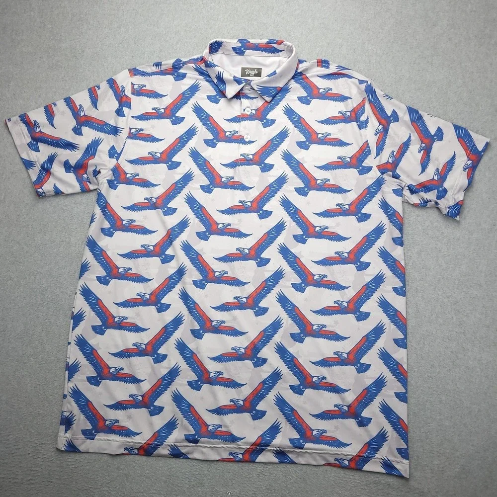 Waggle Polo Shirt Mens 2XL White‎ Blue Red Eagle Print Golf Performance Stretch - Picture 2 of 9